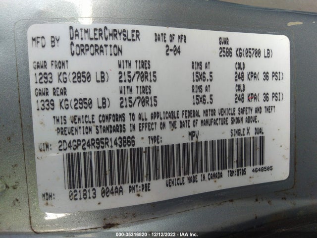 2005 DODGE GRAND CARAVAN SE VIN: 2D4GP24R95R143866