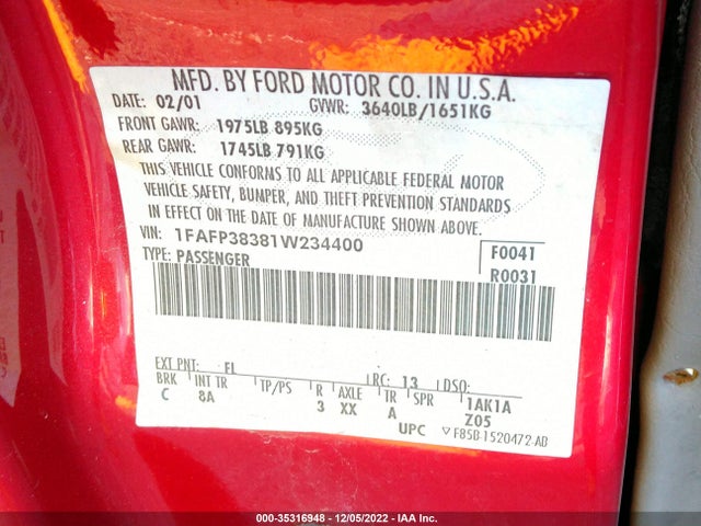 2001 FORD FOCUS ZTS VIN: 1FAFP38381W234400