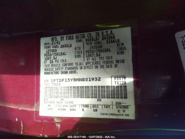 1991 FORD F150 VIN: 1FTDF15Y8MNB01932