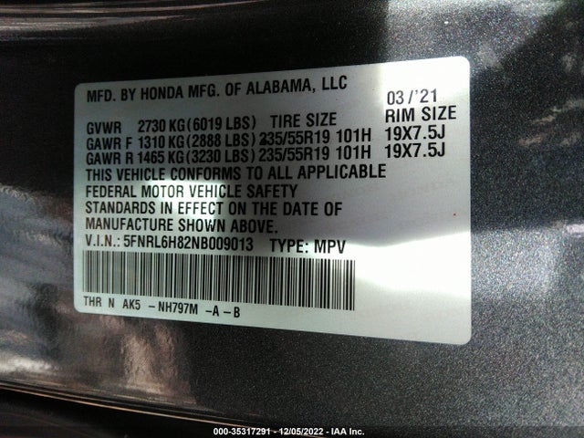2022 Honda Odyssey, VIN: 5FNRL6H82NB009013
