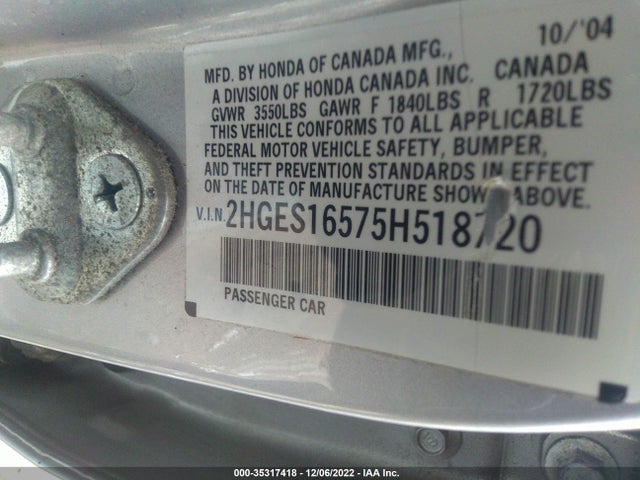 2005 HONDA CIVIC SDN LX VIN: 2HGES16575H518720