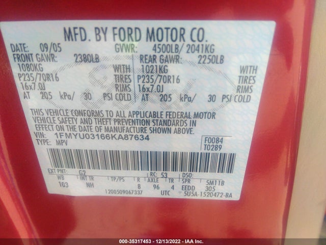 2006 FORD ESCAPE XLT VIN: 1FMYU03166KA87634