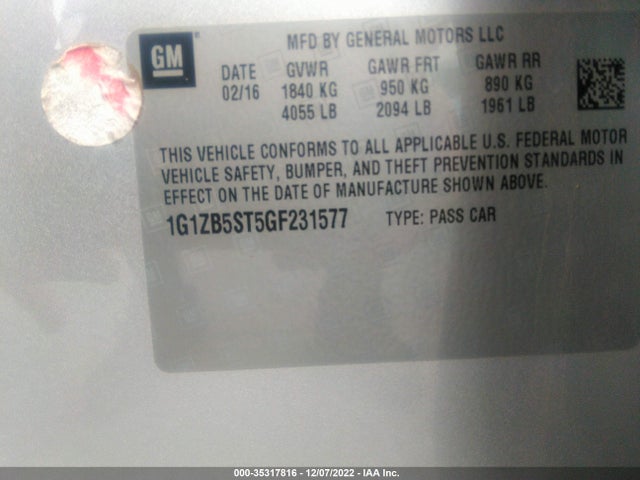 2016 CHEVROLET MALIBU LS VIN: 1G1ZB5ST5GF231577