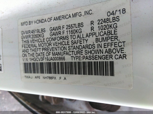 2018 Honda Accord, VIN: 1HGCV3F19JA000866