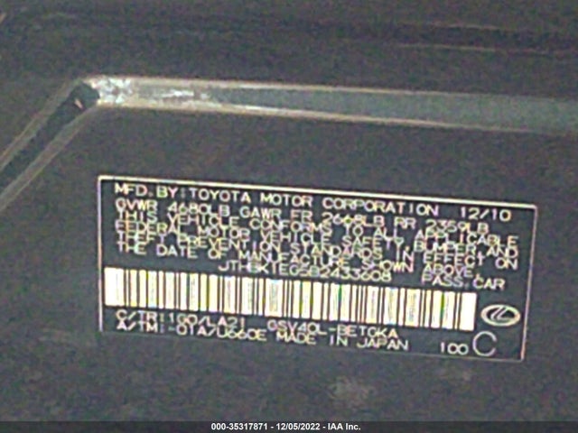 Lexus ES 350 2011 JTHBK1EG5B2433608 Image 9