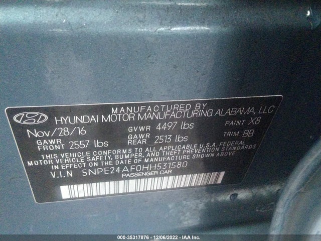 2017 HYUNDAI SONATA 2.4L VIN: 5NPE24AF0HH531580