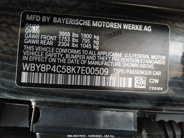 2019 BMW i3, VIN: WBY8P4C58K7E00509