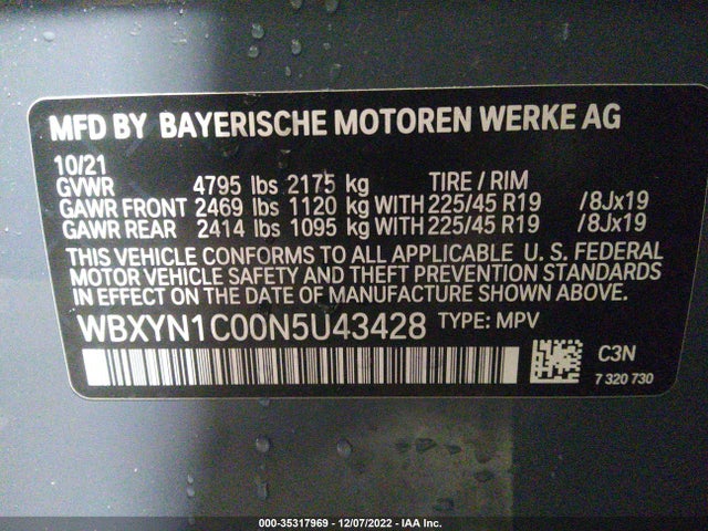 2022 BMW X2, VIN: WBXYN1C00N5U43428