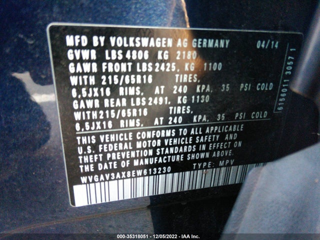 2014 VOLKSWAGEN TIGUAN S VIN: WVGAV3AX8EW613230