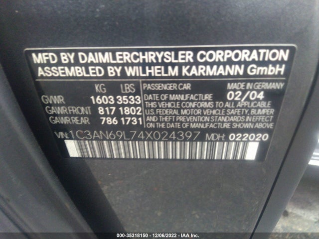 2004 CHRYSLER CROSSFIRE VIN: 1C3AN69L74X024397