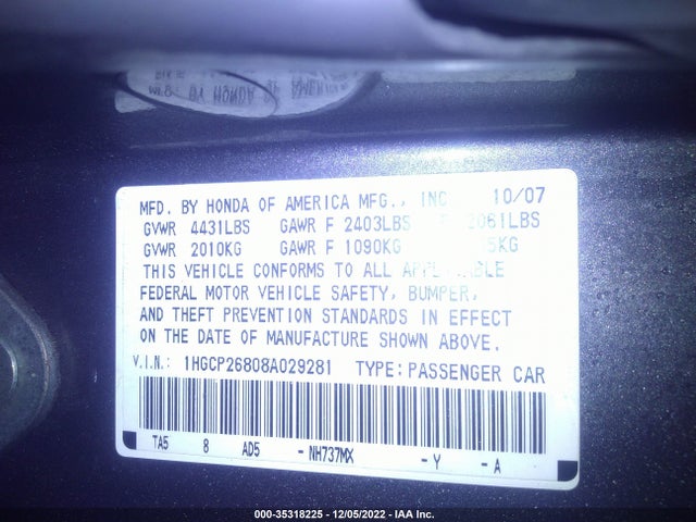 2008 HONDA ACCORD SDN EX-L VIN: 1HGCP26808A023281