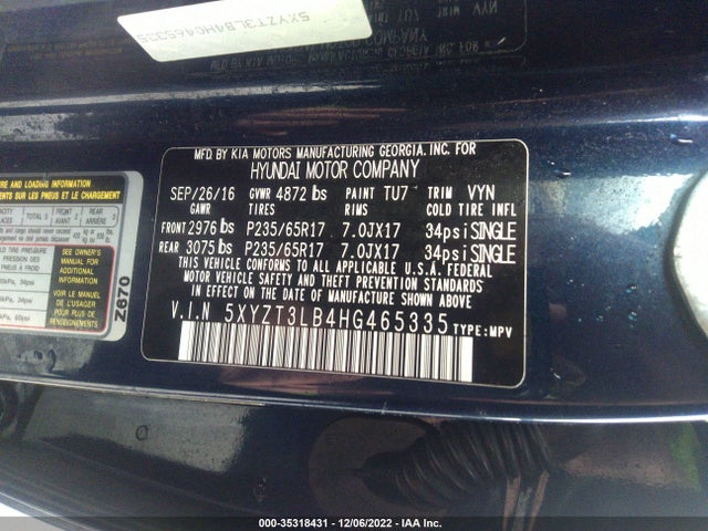 2017 Hyundai Santa Fe, VIN: 5XYZT3LB4HG465335