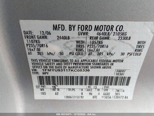 2007 FORD ESCAPE XLT VIN: 1FMYU93117KC05336