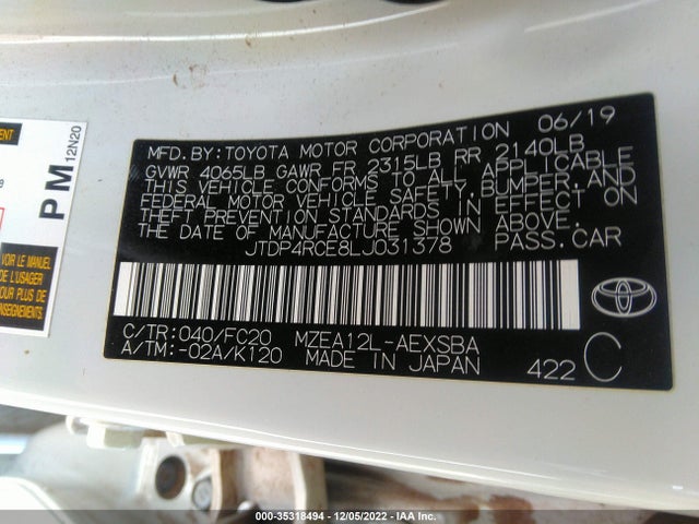 2020 TOYOTA COROLLA SE VIN: JTDP4RCE8LJ031378