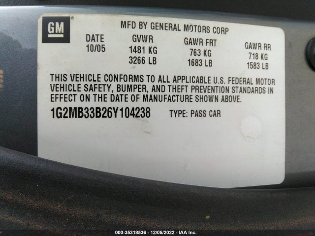 2006 PONTIAC SOLSTICE VIN: 1G2MB33B26Y104238