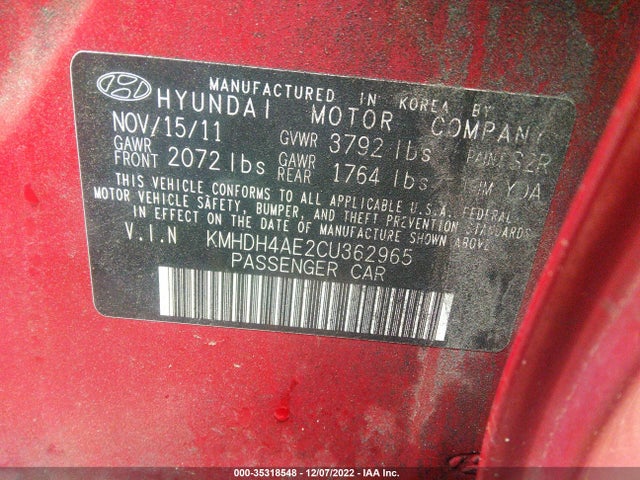 2012 HYUNDAI ELANTRA LIMITED VIN: KMHDH4AE2CU362965