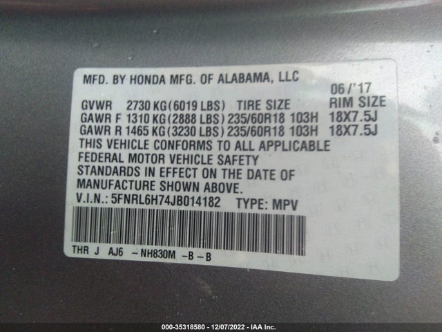 2018 Honda Odyssey, VIN: 5FNRL6H74JB014182