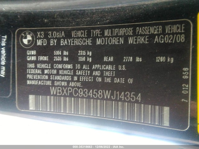 2008 BMW X3 3.0SI VIN: WBXPC93458WJ14354