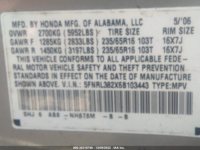 2006 HONDA ODYSSEY LX VIN: 5FNRL382X6B103443
