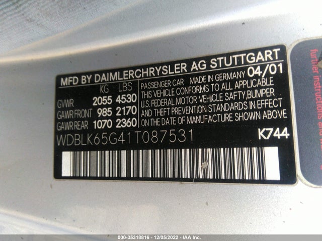 2001 MERCEDES-BENZ CLK-CLASS VIN: WDBLK65G41T087531