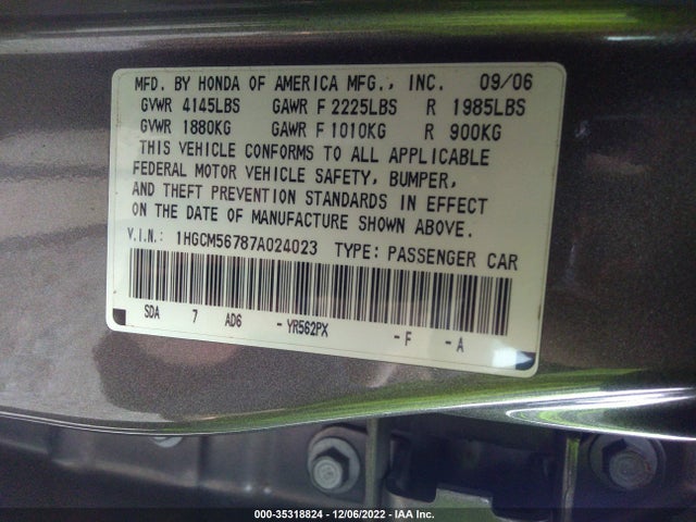 2007 HONDA ACCORD SDN EX/EX-L VIN: 1HGCM56787A024023