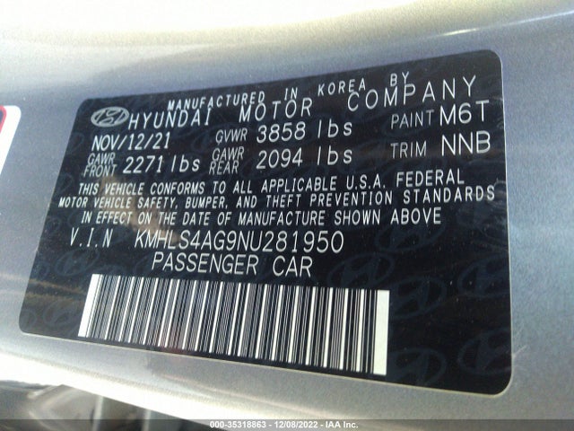 2022 HYUNDAI ELANTRA SEL VIN: KMHLS4AG9NU281950