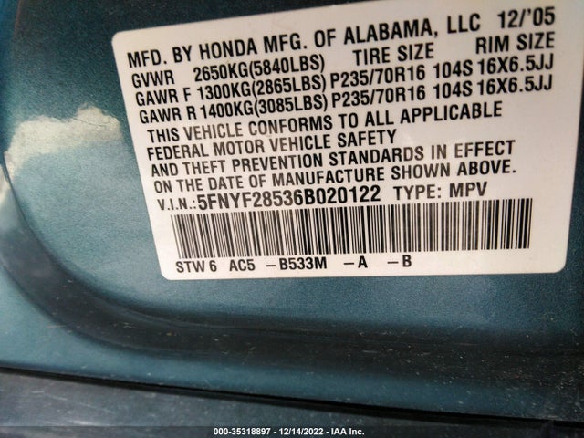 2006 HONDA PILOT EX-L VIN: 5FNYF28536B020122