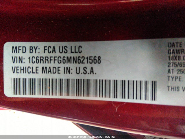 2021 Ram 1500, VIN: 1C6RRFFG6MN621568