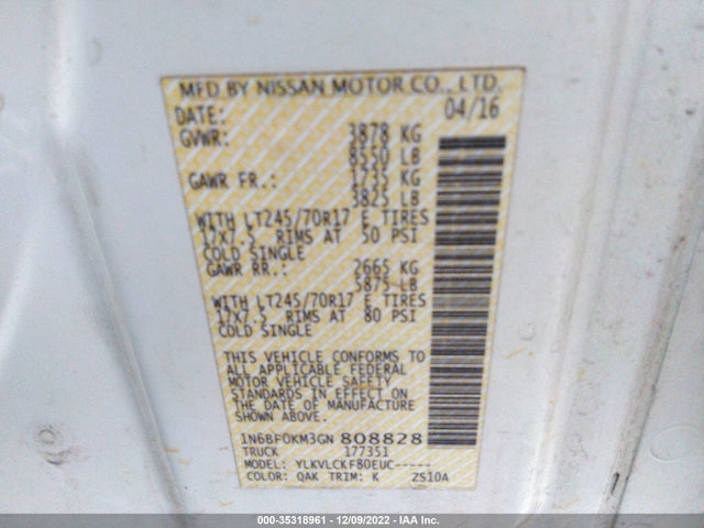 2016 Nissan NV, VIN: 1N6BF0KM3GN808828