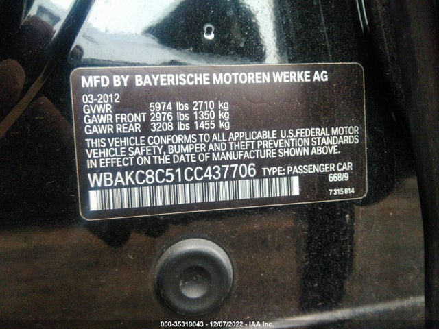Продаж на аукціоні авто 2012 Bmw 7 Series 750li Xdrive, vin: WBAKC8C51CC437706, номер лоту: 35319043