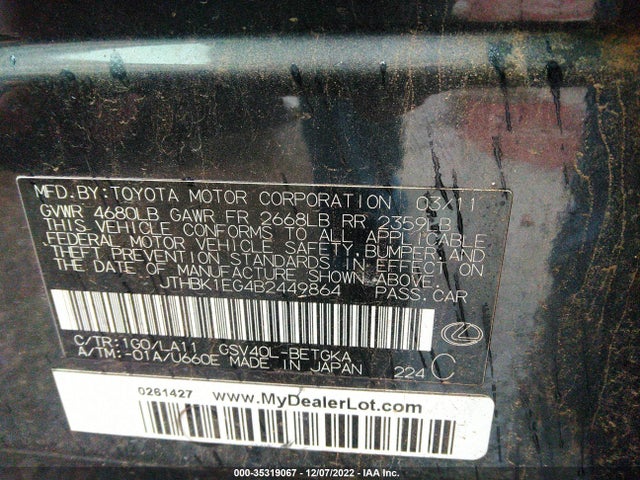 Lexus ES 350 2011 JTHBK1EG4B2449864 Image 10