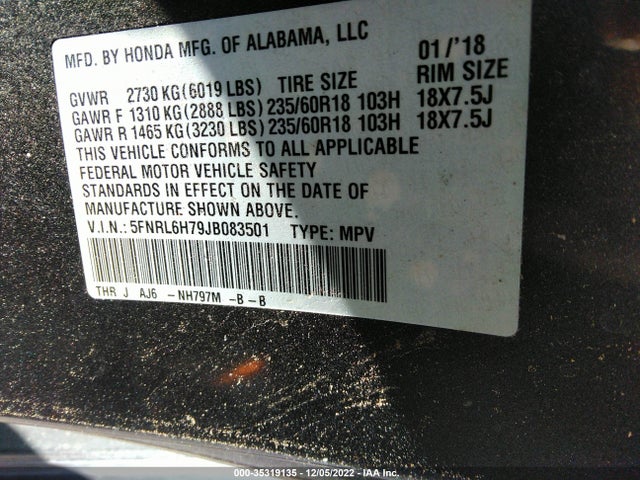 2018 Honda Odyssey, VIN: 5FNRL6H79JB083501