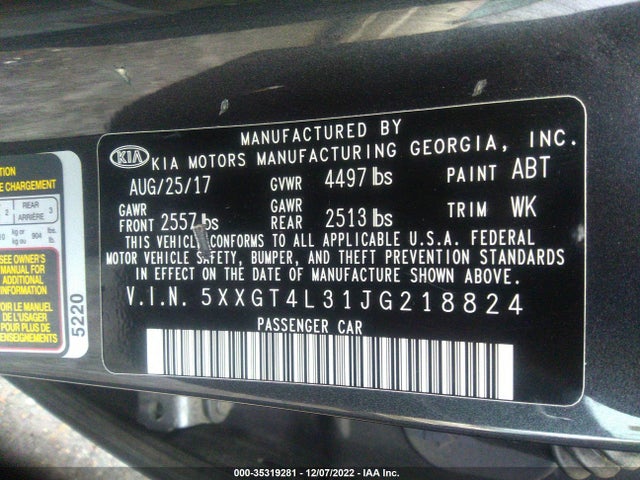 2018 Kia Optima, VIN: 5XXGT4L31JG218824