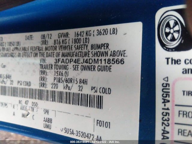 2013 FORD FIESTA SE VIN: 3FADP4EJ4DM118566