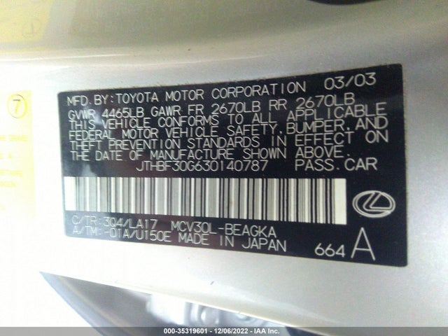 2003 LEXUS ES 300 VIN: JTHBF30G630140787