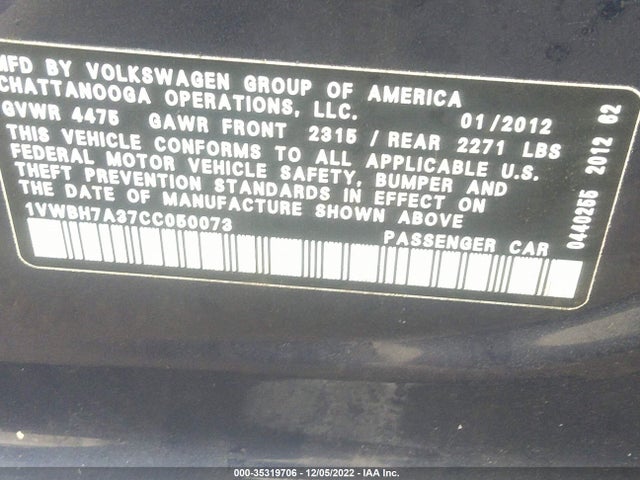 1VWBH7A37CC050073 Volkswagen Passat Se W/sunroof