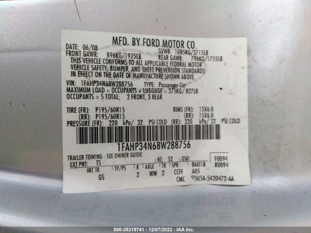 2008 FORD FOCUS S VIN: 1FAHP34N68W288756