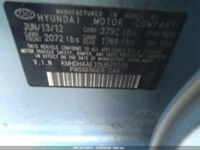 2013 HYUNDAI ELANTRA GLS PZEV VIN: KMHDH4AE1DU575195