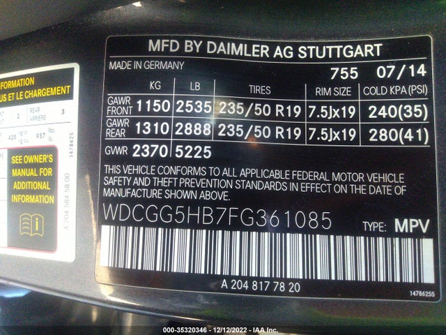 WDCGG5HB7FG361085 Mercedes-Benz Glk-class Glk 350