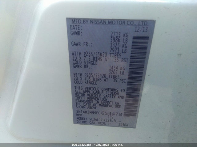 2014 NISSAN PATHFINDER PLATINUM VIN: 5N1AR2MN4EC654478