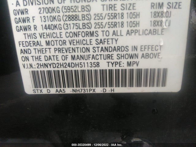 2013 ACURA MDX VIN: 2HNYD2H24DH511358