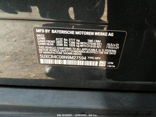 2022 BMW X5, VIN: 5UXCR4C08N9M27594