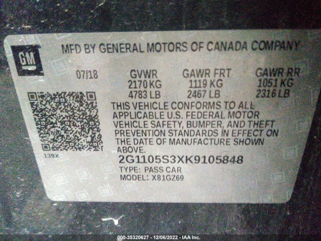 2019 Chevrolet Impala, VIN: 2G1105S3XK9105848