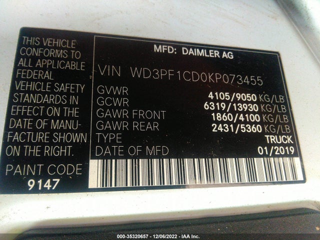 2019 Mercedes-Benz Sprinter, VIN: WD3PF1CD0KP073455