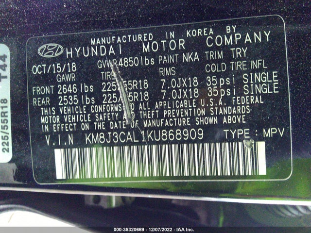 2019 HYUNDAI TUCSON LIMITED VIN: KM8J3CAL1KU868909