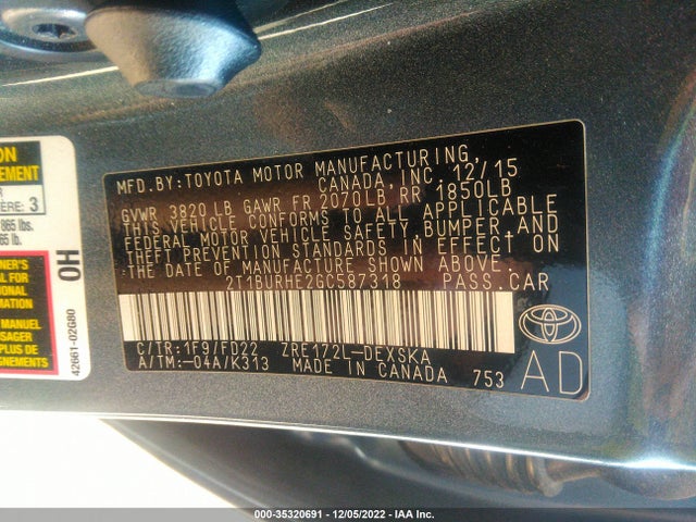2016 TOYOTA COROLLA L/LE/S/S PLUS/LE PLUS VIN: 2T1BURHE2GC587318
