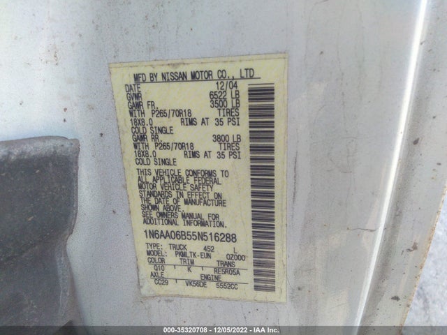 2005 NISSAN TITAN SE VIN: 1N6AA06B55N516288