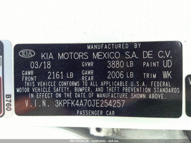 3KPFK4A70JE254257 KIA FORTE LX