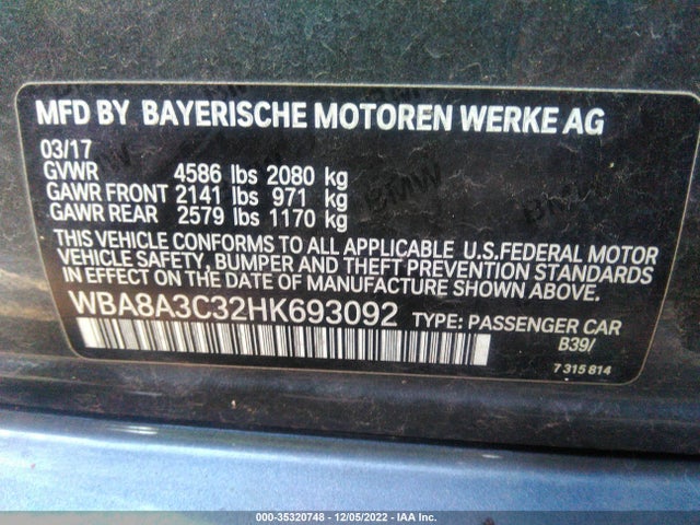 BMW 3 Series 320i Xdrive 2017 WBA8A3C32HK693092 Image 9