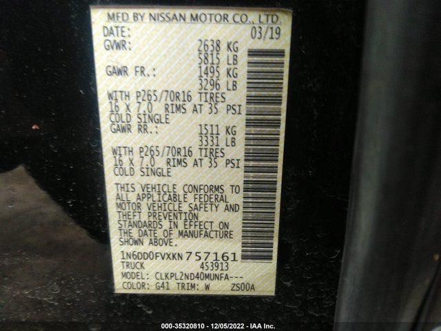 2019 Nissan Frontier, VIN: 1N6DD0FVXKN757161